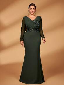 Serin 加大码优雅奢华绿色蕾丝串珠贴花透明长袖褶饰美人鱼下摆弹力针织连衣裙，适合婚礼、派对、度假、舞会、晚礼服、新娘母亲