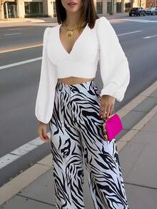 SHEIN Clasi Women's Minimalist Solid Color Lantern Sleeve Tie-Front Crop Blouse Fall Cloth For Women