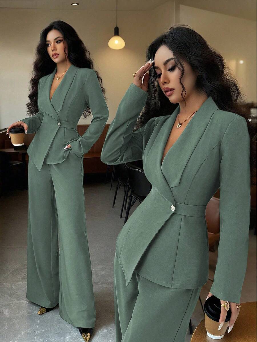 Elenzga 女士优雅翻领 V 领长袖独特设计腰带纽扣高端西装外套和直筒阔腿裤两件套西装，适合秋季上班通勤 - 綠色 - 查看 1