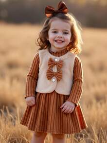 SHEIN Playful Pals 2 件套女婴秋冬针织罗纹高领长袖连衣裙和无袖毛绒背心开衫套装，优雅、时尚、可爱 - 棕色 - 查看 1