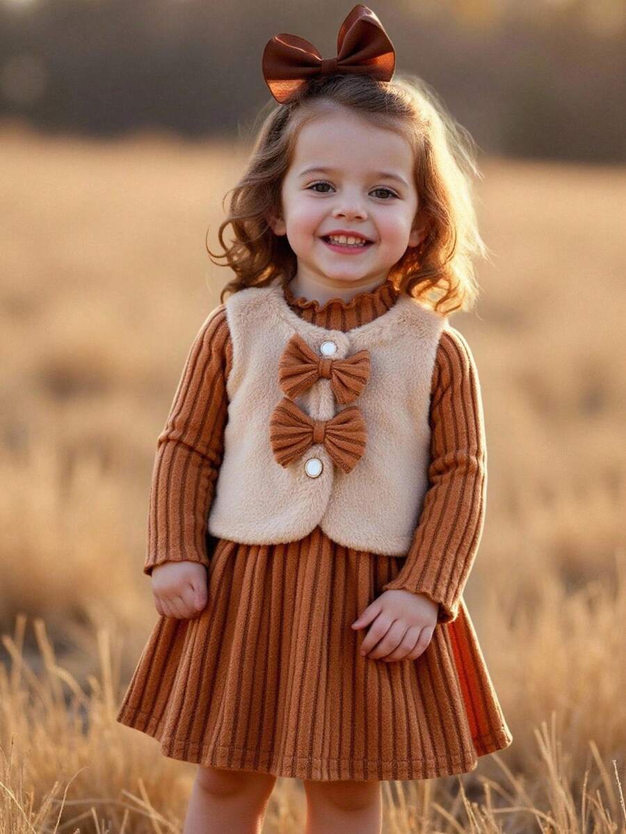 SHEIN Playful Pals 2 件套女婴秋冬针织罗纹高领长袖连衣裙和无袖毛绒背心开衫套装，优雅、时尚、可爱 - 棕色 - 查看 1
