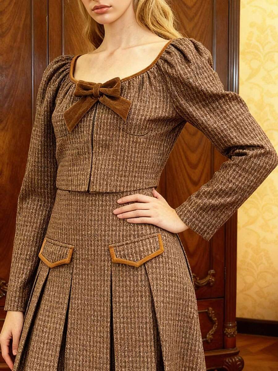 ÉTHER D'OR Damen Vintage Schleife Dekor Gigot Ärmel Taille Raffung Karomuster Jacke