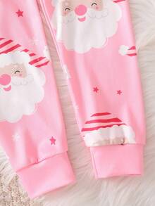 2件套女童粉色圣诞老人图案长袖长裤修身舒适睡衣套装，圣诞服装 - 粉色 - 查看 7