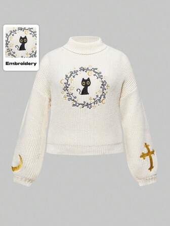 Fairycore Suéter de cuello alto medio con bordado de gato y luna para mujer de talla grande, otoño/invierno, suéter de manga larga tipo pullover para Halloween