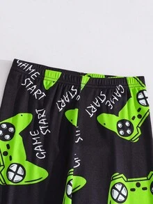 SHEIN 2 piezas Conjunto de pijama informal de manga larga con cuello redondo y estampado gráfico para niños/preadolescentes - Parte superior y Bottom - Negro - Ver 7