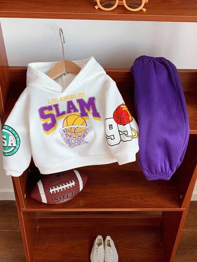 SHEIN 2pcs/Set Baby Boy Cute Cartoon Letter Print Knit Sweatshirt And Jogger Pants Tracksuit Set, Casual Sports, Autumn/Winter Baby Basketball Outfit Boy Basketball Outfit Baby Football Outfit Baby Boy Basketball Outfit Set