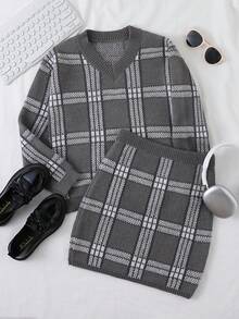 Tween Girls Sweater Co-Ords, Chunky Knit Plaid Detail 2 Pieces Set, Super Stylish Elegant V-Neck Long Sleeve Pullover Sweater Paired With Fashionable Fitted Mini Skirt, Autumn/Winter