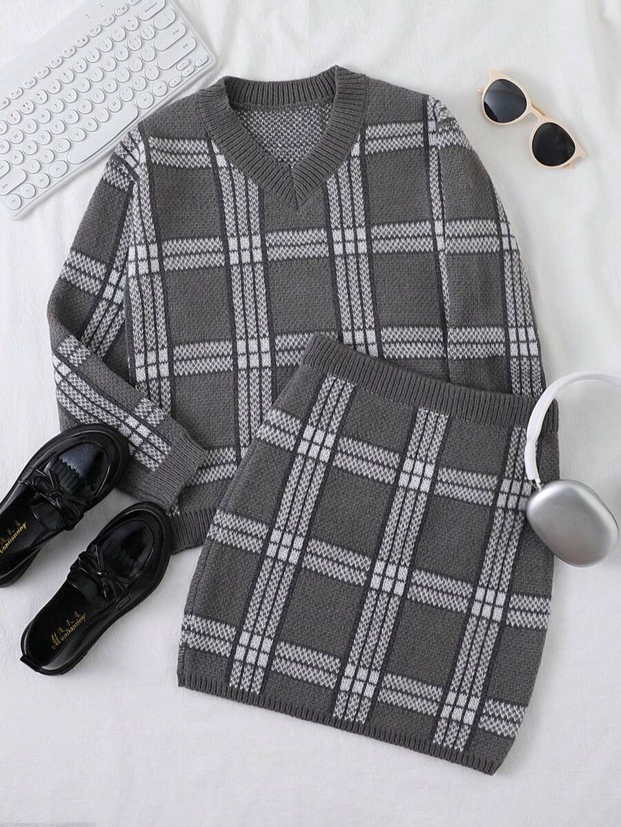 Tween Girls Sweater Co-Ords, Chunky Knit Plaid Detail 2 Pieces Set, Super Stylish Elegant V-Neck Long Sleeve Pullover Sweater Paired With Fashionable Fitted Mini Skirt, Autumn/Winter