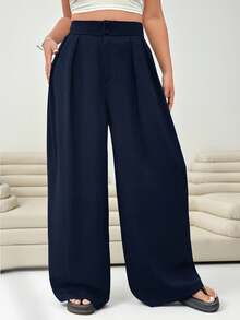 Solflare Plus Size Navy Blue High Waisted Straight Leg Casual Pants, Minimalist & Stylish Office Wear - Navy Blue - View 1