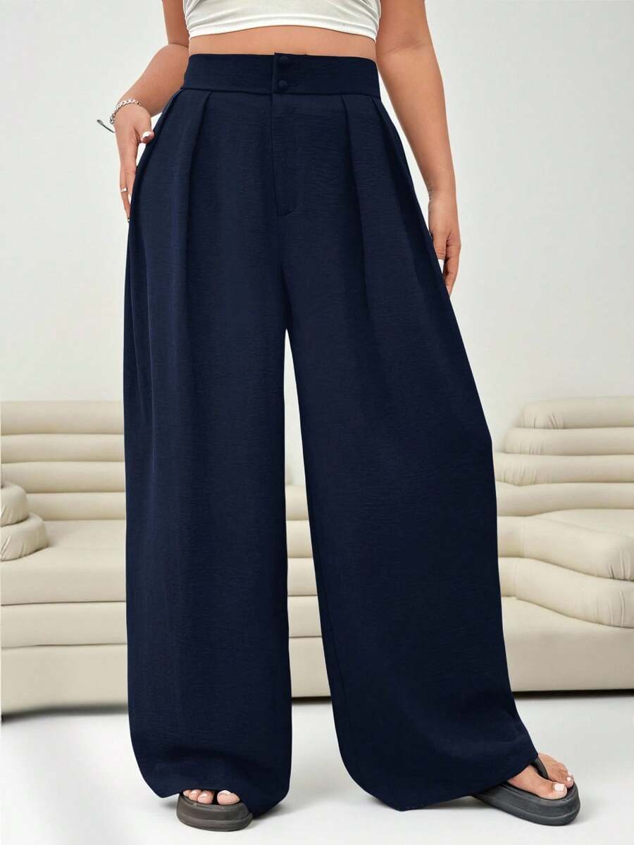 Solflare Plus Size Navy Blue High Waisted Straight Leg Casual Pants, Minimalist & Stylish Office Wear - Navy Blue - View 1