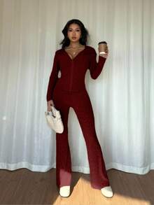 SHEIN PETITE 2 件套女式休闲连帽运动衫，带口袋和罗纹喇叭裤套装，适合日常穿着，秋冬 - 酒紅色 - 查看 6