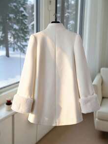 GlowEve 女士优雅纯色蝴蝶结装饰外套，秋冬季，圣诞节 - 米色 - 查看 2