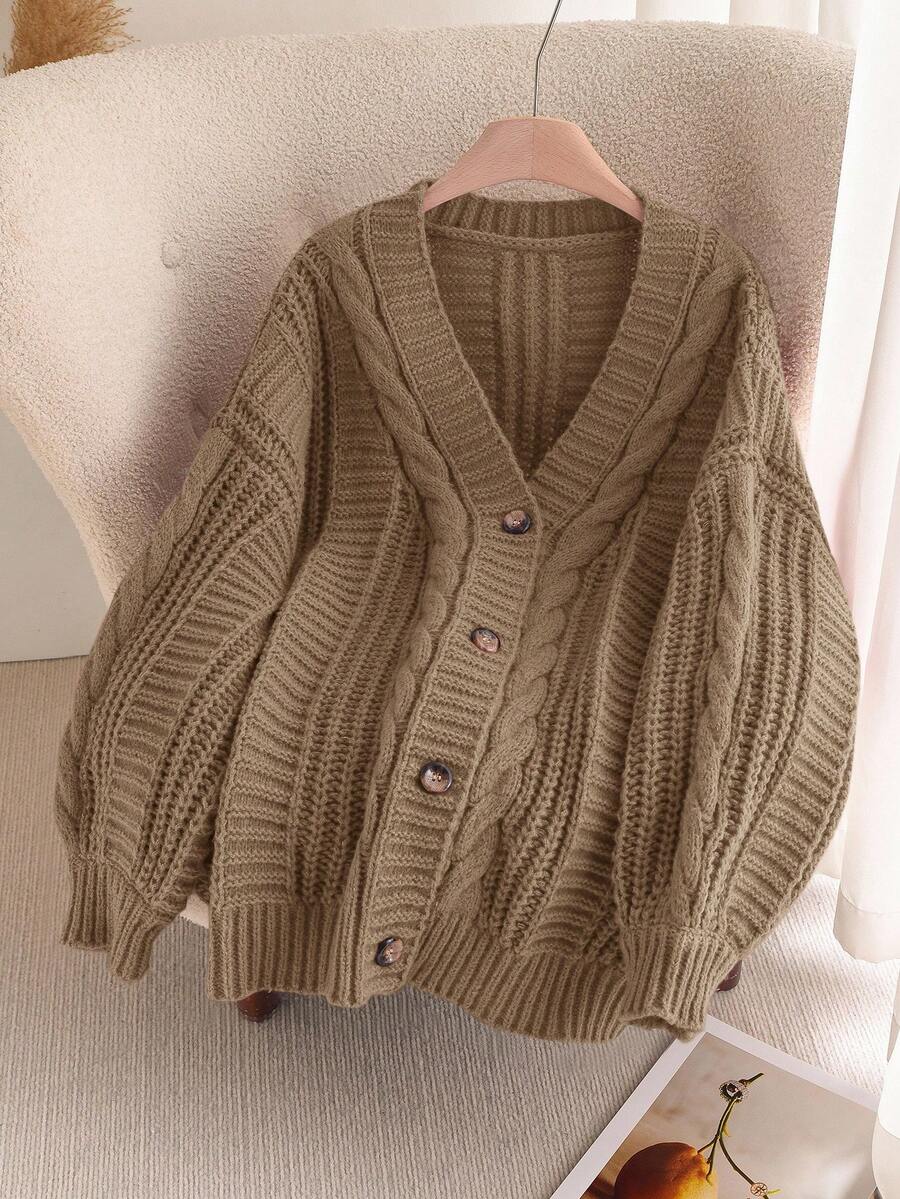 SHEIN Frenchy Plus Size Solid Color V-Neck Twist Cable Front Button Casual Long Sleeve Cardigan - Brown - View 1