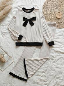 Vintaside Kids Tween Girl Two Pieces Set Features Colorblock Bow Decoration Round-Neck Long-Sleeved Sweatshirt And High-Waisted Flared Pants For Autumn And Winter. - Apricot - View 3