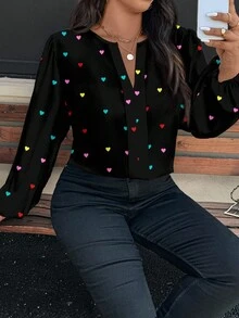 EMERY ROSE Plus Size Colorful Heart Print Shirt, Suitable For Thanksgiving, Day Of The Dead Party, ,Flower/Spring/Summer/Vacation Fall - Multicolor - View 6