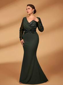 Serin 加大码优雅奢华绿色蕾丝串珠贴花透明长袖褶饰美人鱼下摆弹力针织连衣裙，适合婚礼、派对、度假、舞会、晚礼服、新娘母亲