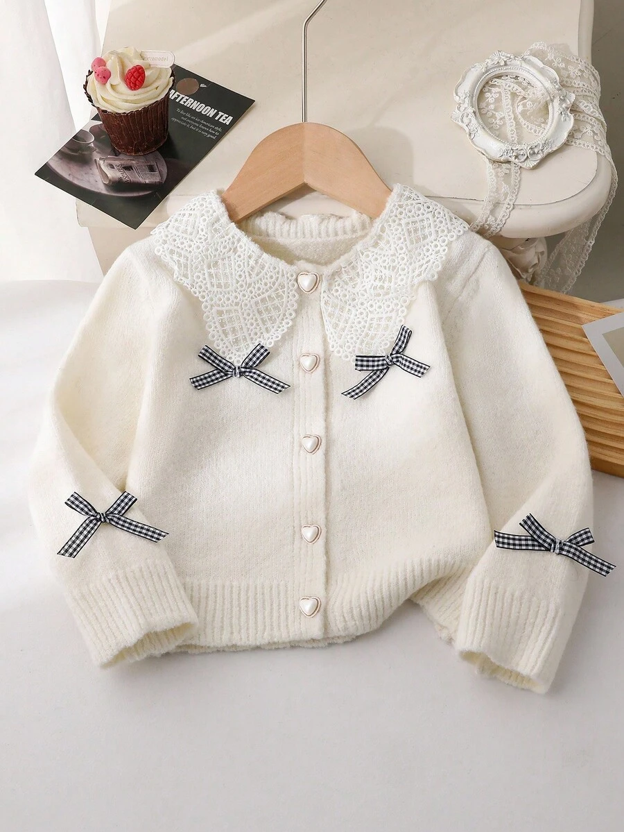 Genkimix Kids 女孩可爱白色毛衣，开衫针织衬衫，荷叶边彼得潘领，圆领拼接长袖，格子蝴蝶结装饰纽扣前开衫，甜美纯色毛衣 - 白色 - 查看 1