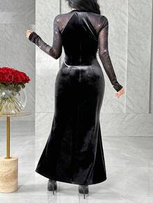 Modelyn 优雅黑色天鹅绒闪光网眼长袖女式连衣裙 - 黑色 - 查看 6