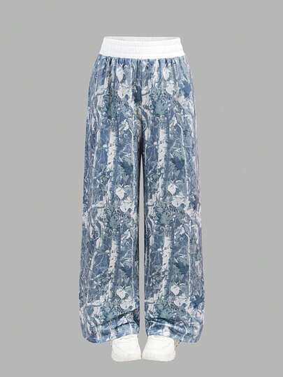 SHEIN Girlism Tween Girls' Casual Sports Street Fashion Camouflage & Leaf Print Contrast Waistband Loose Wide Leg Sweatpants