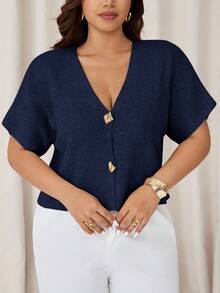 Auralis Plus Size Solid Color Short Sleeve Sweater, Suitable For Commuting Autumn Winter Clothes For Women - Navy Blue - View 6