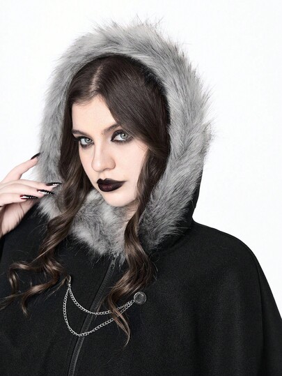 Goth Femmes grande taille Cape à capuche gothique asymétrique avec col en fourrure, convient pour Halloween, l'hiver