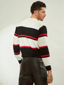 FeverCity Men's Casual Commuting Contrast Striped Pattern Polo Neck Sweater, Autumn/Winter - Black - View 2