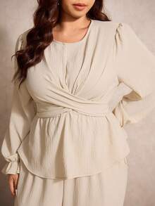 Elaquor Plus Size Casual Solid Color Cinched Waist 2 Piece Set For Women Office Old Money - Apricot - View 5