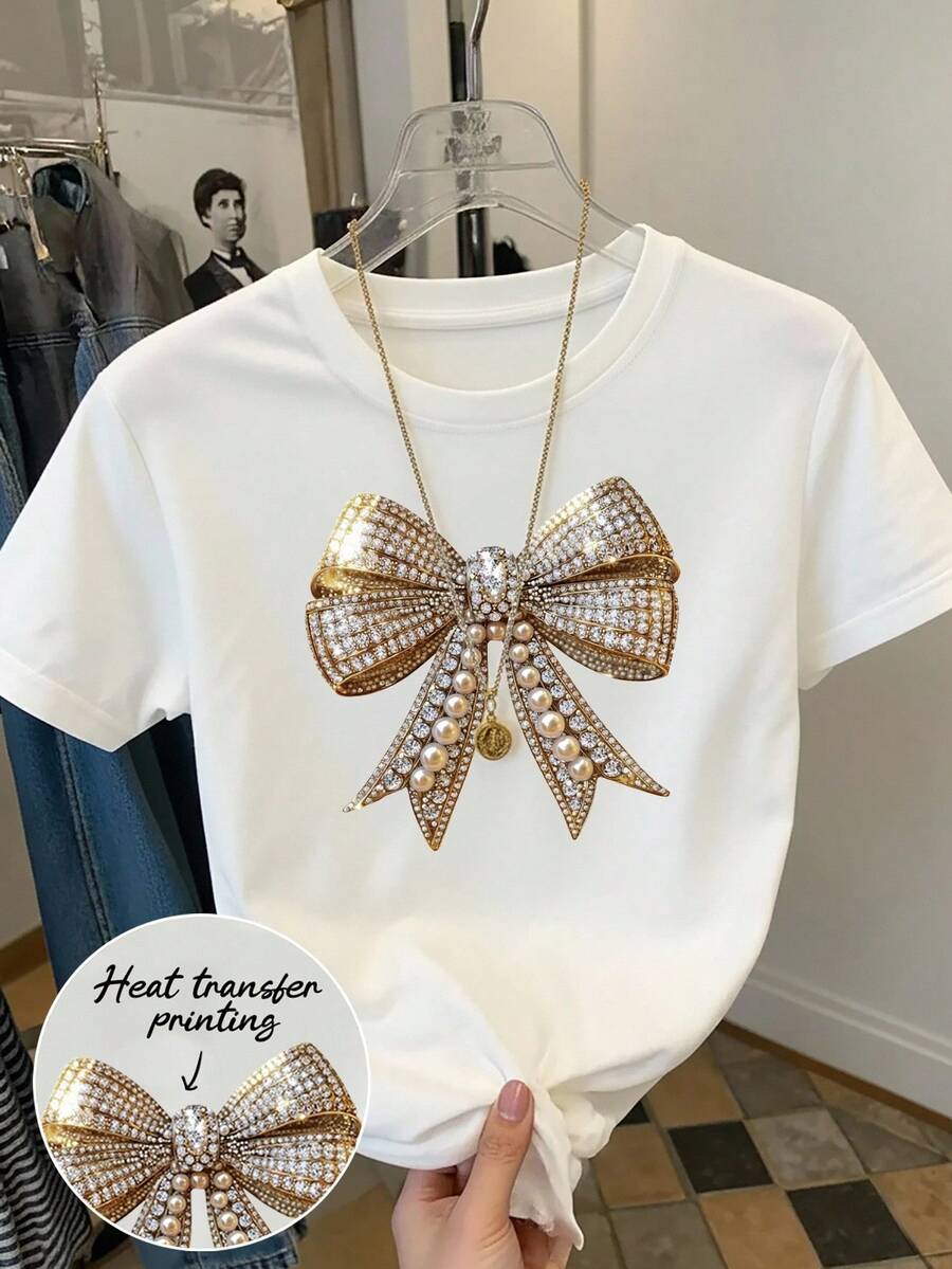Resyla Women's Rhinestone Bow Decor Short Sleeve Round Neck T-Shirt - White - View 1