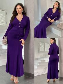 Modelyn Vestido midi elegante de manga larga con cuello, botones de perla y fruncido, de unicolor, talla grande, para primavera/otoño - Morado - Ver 4