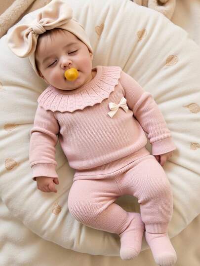 SHEIN This Two Pieces Set Of , Casual And Cute Pink Knitted Sweater With Bow Decoration And Patterns, Along With Pink Knitted Tights, Is Soft And Comfortable. It Is Suitable For Daily Life, Traveling, Vacation, Home, Nursery And Children's Play. It Is A Versatile Long-Sleeved And Long-Sleeved Dress For Spring, Autumn And Winter. It Is Suitable For The Festival. Baby Girls Clothes