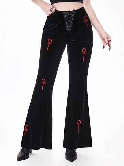 Pantalon évasé en velours style gothique avec broderie Ankh pour femmes