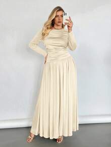 Auralis 大码长裙秋季连衣裙长袖连衣裙高弹舒适连衣裙秋季女装秋季优雅女士连衣裙女士秋季连衣裙端庄端庄连衣裙 - 杏色 - 查看 1