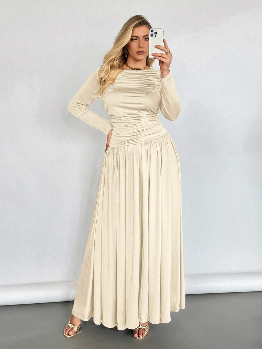 Auralis 大码长裙秋季连衣裙长袖连衣裙高弹舒适连衣裙秋季女装秋季优雅女士连衣裙女士秋季连衣裙端庄端庄连衣裙 - 杏色 - 查看 1