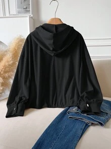 CosyJoli 大码女式二合一设计休闲夹克，连帽灯芯绒夹克，杏色，适合通勤，百搭，秋冬新款 - 黑色 - 查看 2