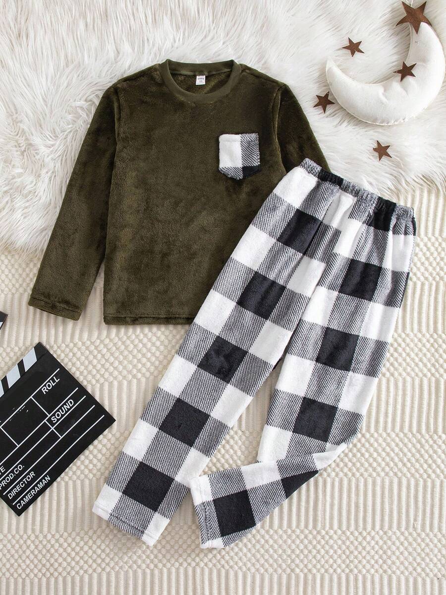 Ensemble de pyjama à manches longues avec poche et motif à carreaux blocs de couleurss pour garçons, automne/hiver