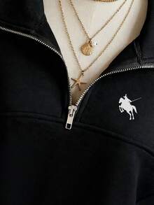 INAWLY Women's Loose Zip-Up Collar Sweatshirt With Knight Print, Thermal Lined, Autumn/Winter, Christmas - Black - View 3