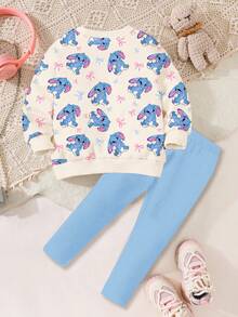 SHEIN Happikins 女婴可爱卡通兔子、蝴蝶结、史迪奇印花保暖连体衣和打底裤套装，奶油白和玫瑰蓝，柔软舒适，适合秋冬休闲穿着 - 彩色 - 查看 2