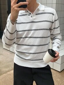 Claim Dot 男士条纹 Polo 领长袖休闲毛衣，秋冬 - 白色 - 查看 3