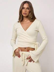 SHEIN BAE Women's Yellow Solid Color Simple Cashmere Knitted Open Placket Wrap Asymmetrical Strap Long-Sleeved Top, Autumn Top, Go Out, Home Leisure, Casual Top For Women,Casual Outfit For Women, Thanksgiving Outfit For Women,Christmas Clothes,Autumn Outfits For Women,