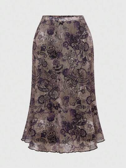 Grunge Punk Y2K Subculture Brown Vintage Floral & Vine Print Women Skirt