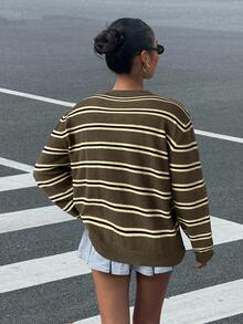 Muchica Women's Casual Loose Polo Collar Striped Drop Shoulder Long Sleeve Sweater, Autumn/Winter Brown Sweater Striped Long Sleeve Coffee Brown Top Brown Clothes,Cozy Fall And Winter Clothes For Women Earthy Tops - Multicolor - View 2