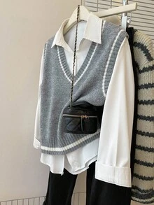 Franclia 法式复古宽松V领无袖撞色滚边灰色针织背心，适合秋冬季外出穿着 - 灰色 - 查看 4