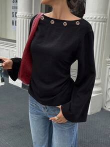 SHEIN LUNE Autumn/Winter Off Shoulder Eyelet Flare Sleeve Gathered Waist Drawstring Pullover Blouse - Black - View 3