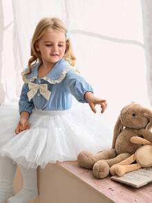 SHEIN Baby Girl's Fashion Princess Style 3D Bow Long Sleeve Top, Soft Fabric, Suitable For School, Indoor And Outdoor Activities, Autumn/Winter - Blue - View 4