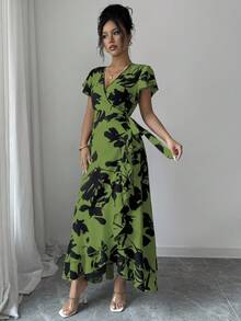 Elenzga Đầm nữ cổ chữ V tay bồng in hoa thanh lịch - Nhiều màu - Xem 3