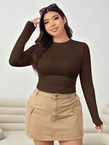 Solflare Plus Size Women Solid Color Long Sleeve Fitted T-Shirts Brown Long Sleeve Top Brown Top Chocolate Brown Top Brown Tops For Women Plus Size Brown Top,Fall Clothes For Women