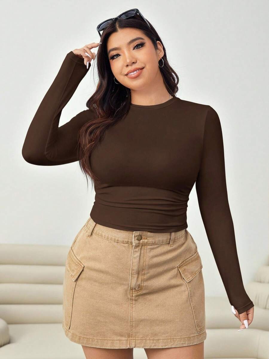 Solflare Plus Size Women Solid Color Long Sleeve Fitted T-Shirts Brown Long Sleeve Top Brown Top Chocolate Brown Top Brown Tops For Women Plus Size Brown Top,Fall Clothes For Women