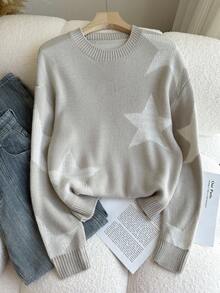 SHEIN Suéter con estampado de pentagrama de moda para adolescentes, de corte holgado y cuello redondo cómodo, de manga larga y tejido, color gris, nuevo para otoño/invierno, estilo europeo y americano - Gris - Ver 4