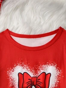 2 件套女童幼儿格子蝴蝶结心形休闲舒适长袖上衣和裤子睡衣套装 - 紅色 - 查看 4