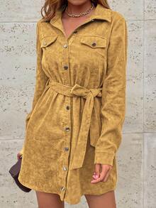 EMERY ROSE Gaun Lengan Panjang Wanita Kasual Warna Polos dengan Ikat Pinggang - Mustard Yellow - View 5